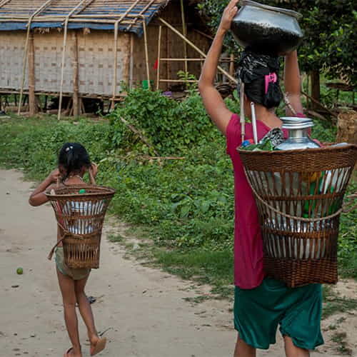 Mother and child walking long distances to acquire water