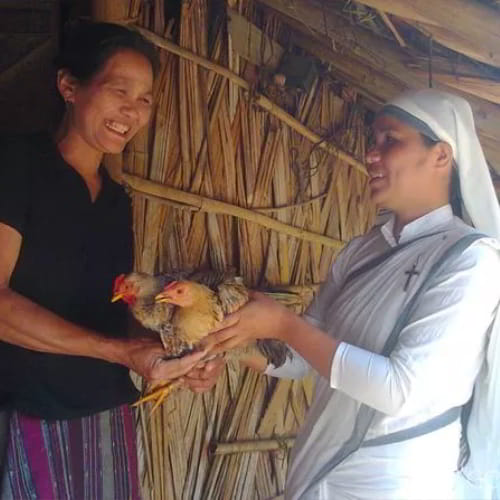 Widow receives income generating gifts of chickens from GFA World (Gospel for Asia) missionaries