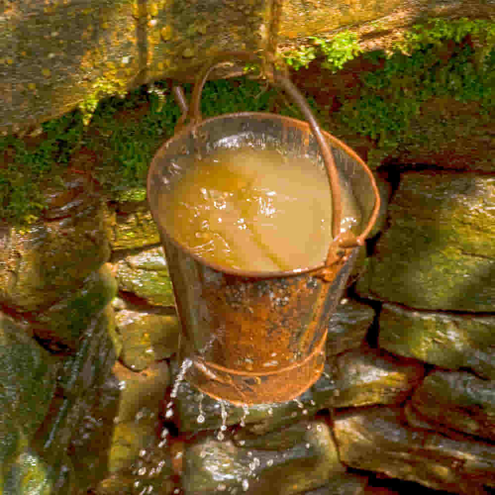 A bucket of contaminated water from an open water well